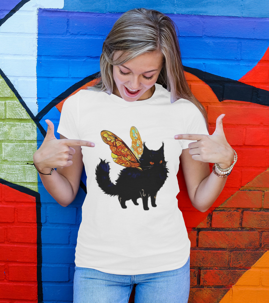 Black Cat With Colorful Fairy Wings Fantastical T-Shirt