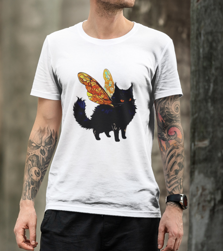 Black Cat With Colorful Fairy Wings Fantastical T-Shirt
