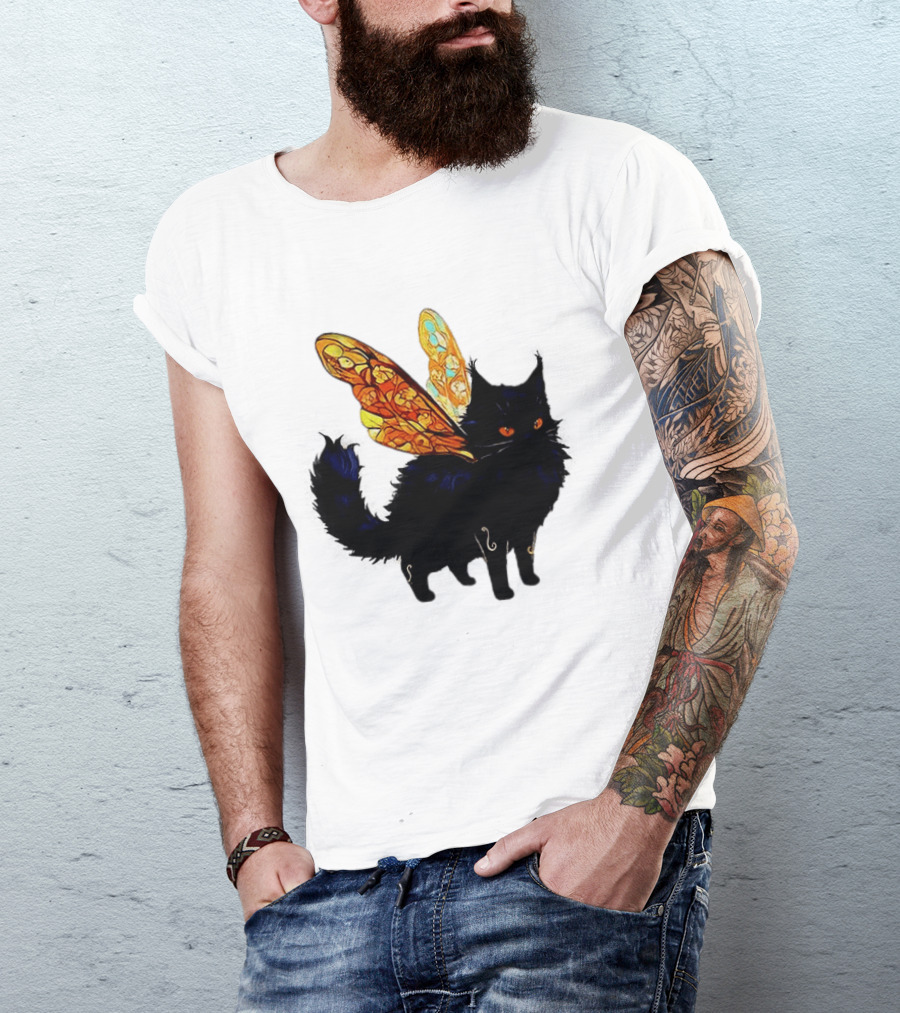 Black Cat With Colorful Fairy Wings Fantastical T-Shirt