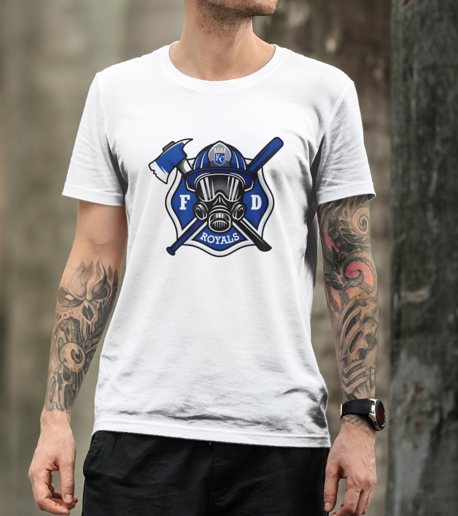 Kansas City Royals Firefighter FD Helmet Gas Mask Axe Bat T-Shirt
