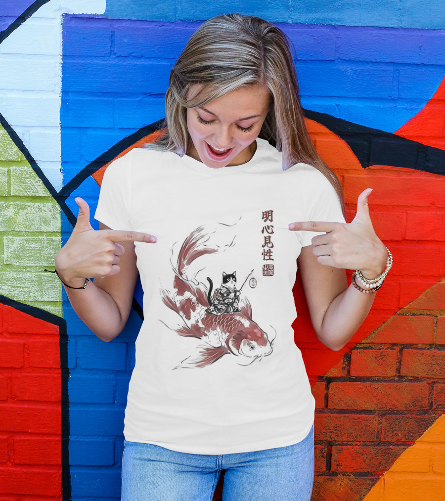 Kimono Cat Riding Koi Fish Classical Japanese T-Shirt