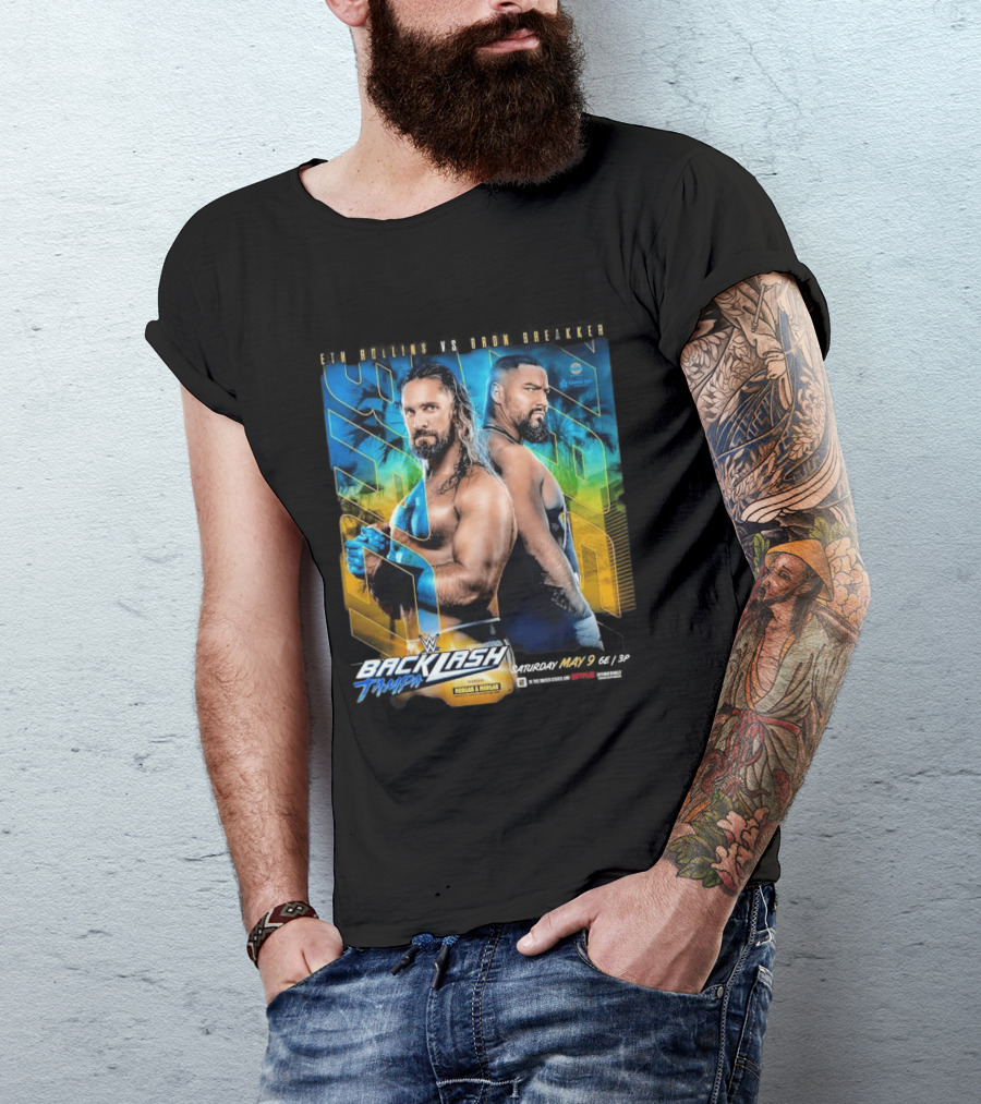 WWE Backlash Tampa 2026 Seth Rollins Vs Bron Breakker Match Card Morgan & Morgan Event T-Shirt