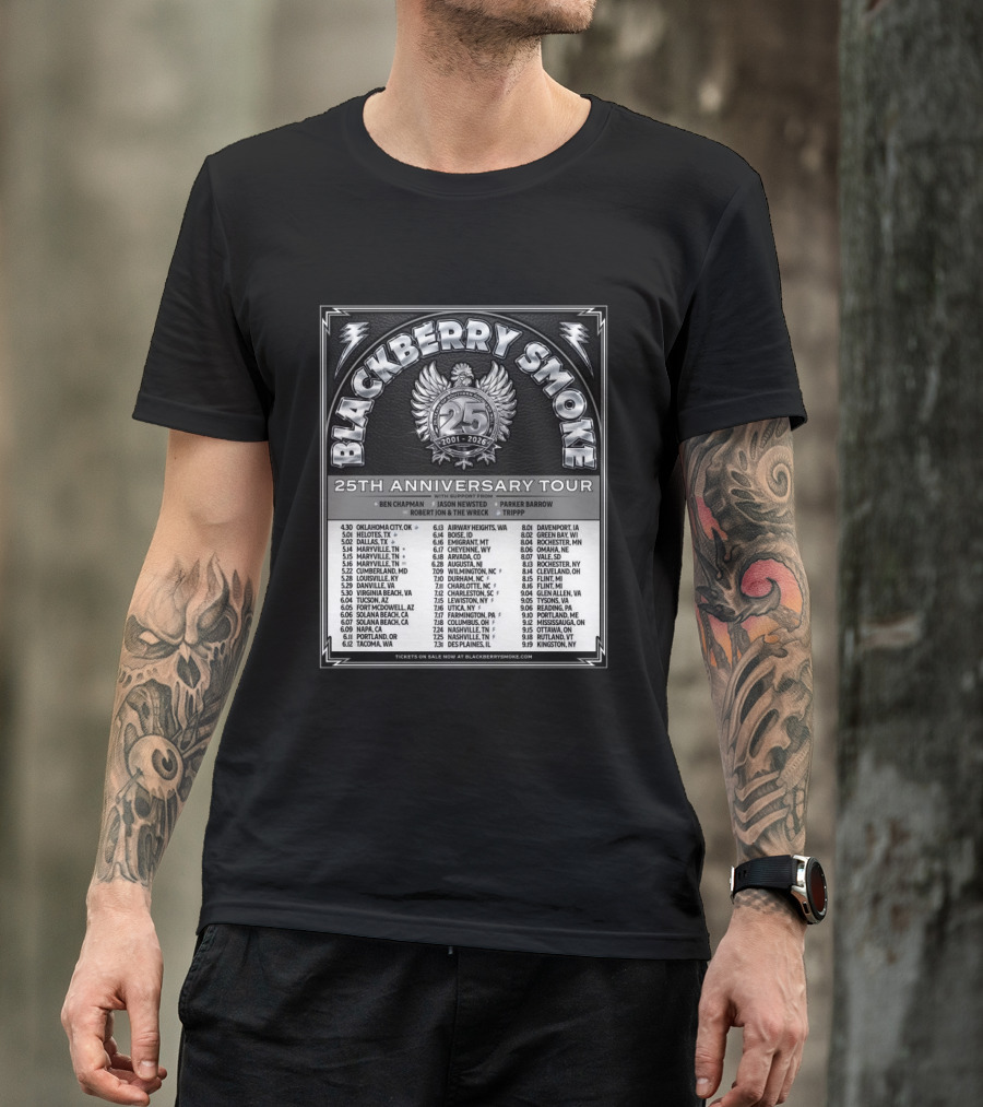 Blackberry Smoke 25th Anniversary Tour 2024 With Ben Chapman And Jason Newsted Featuring Parker Barrow And Robert Jon & The Wreck T-Shirt