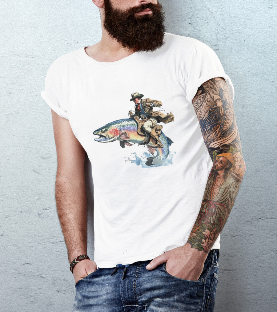 Cowboy Riding Rainbow Trout Adventure Scene T-Shirt
