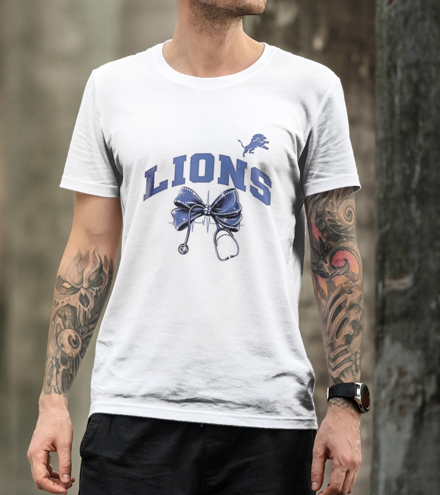 Detroit Lions Nurse By Heart By Soul With Stethoscope And Bow T-Shirt
