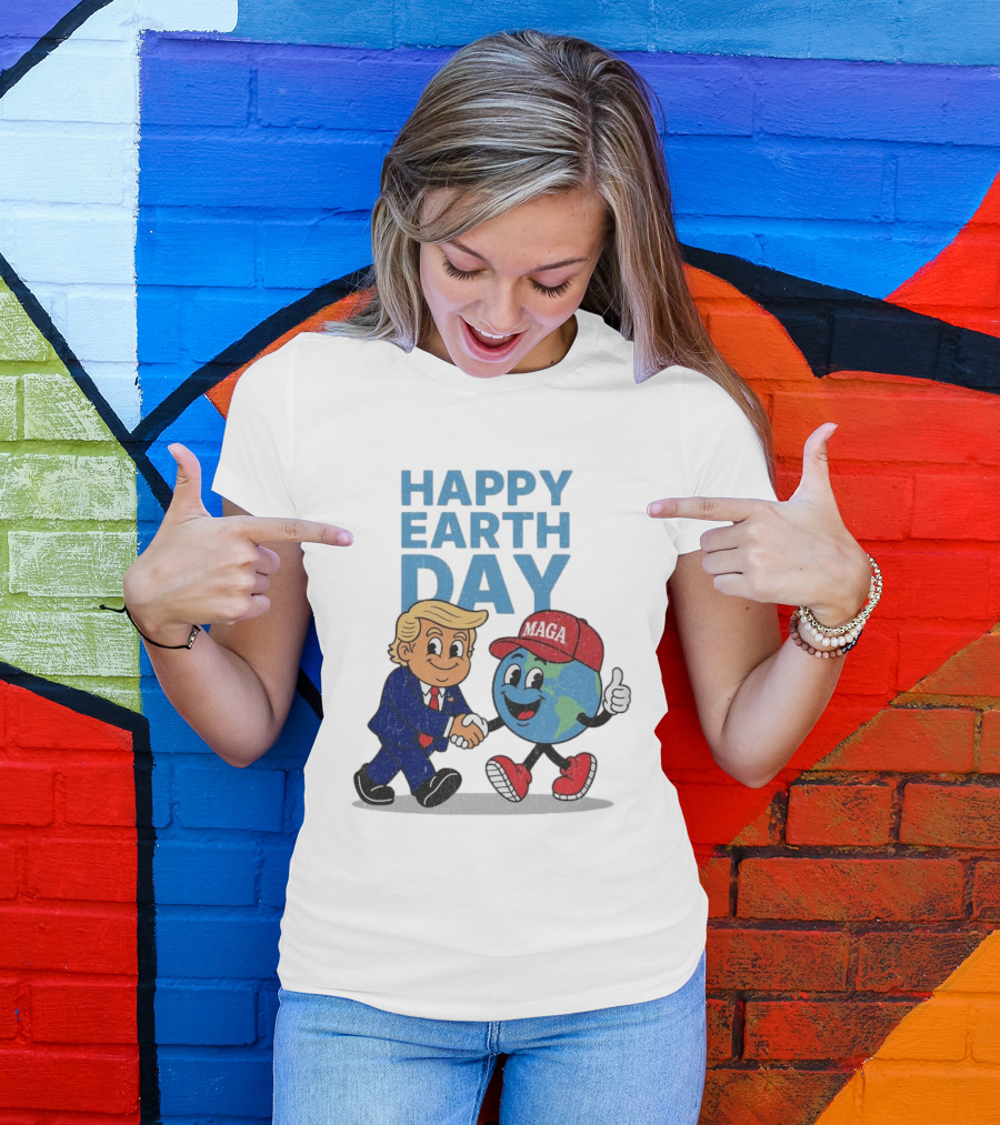 Happy Earth Day Trump MAGA Earth Cartoon Shaking Hands T-Shirt