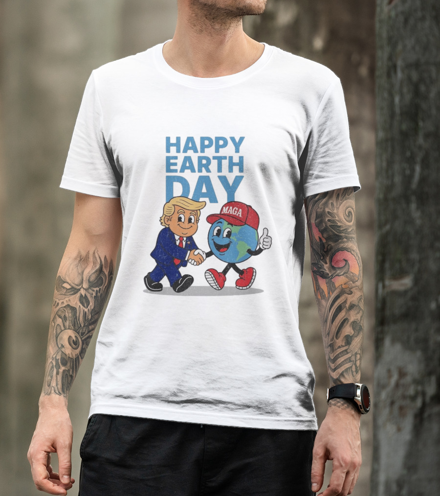 Happy Earth Day Trump MAGA Earth Cartoon Shaking Hands T-Shirt