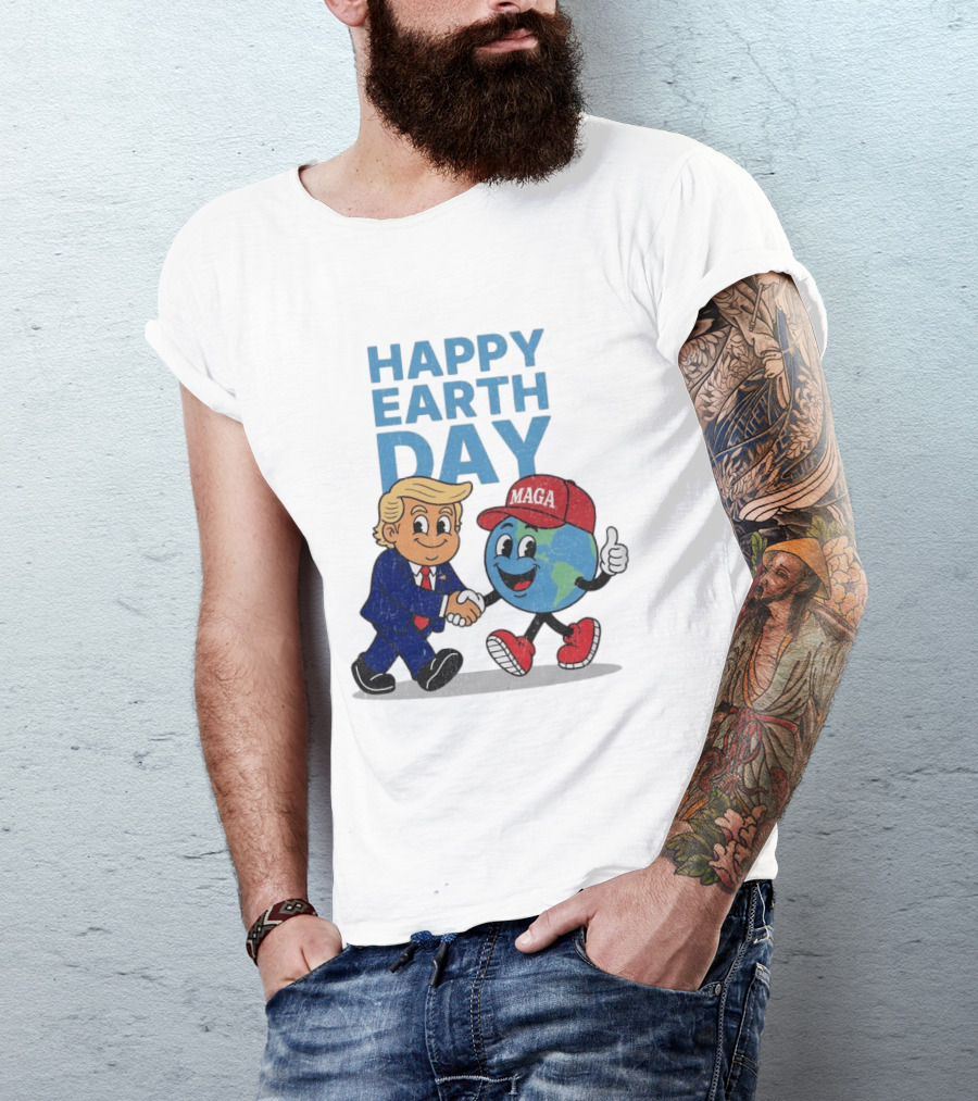 Happy Earth Day Trump MAGA Earth Cartoon Shaking Hands T-Shirt