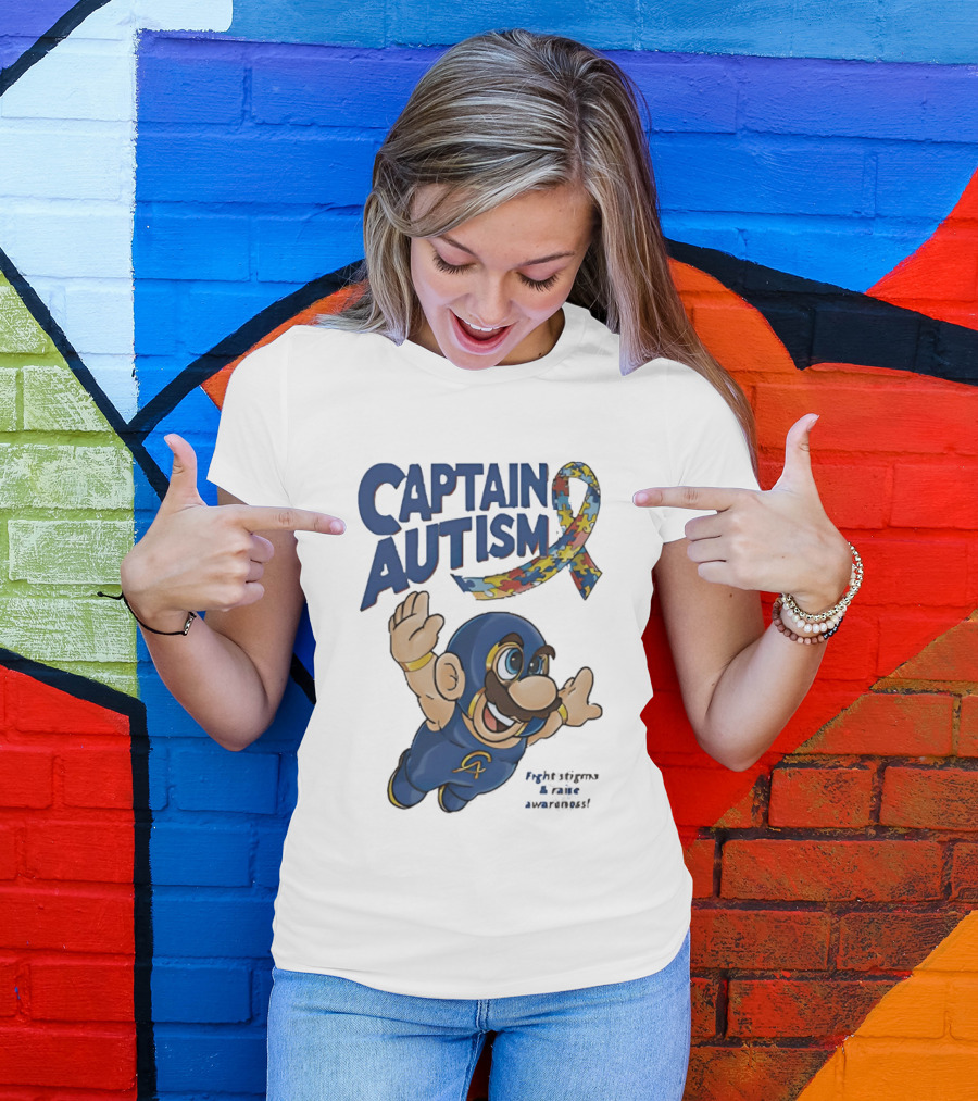 Captain Autism Super Mario Puzzle Ribbon Flying Awareness T-Shirt