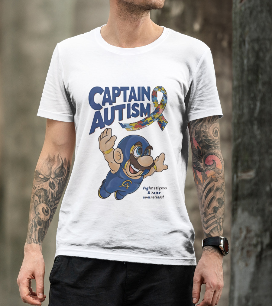 Captain Autism Super Mario Puzzle Ribbon Flying Awareness T-Shirt