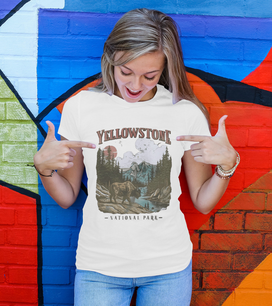 Yellowstone National Park Wild Buffalo By Stream Scenic Landscape T-Shirt