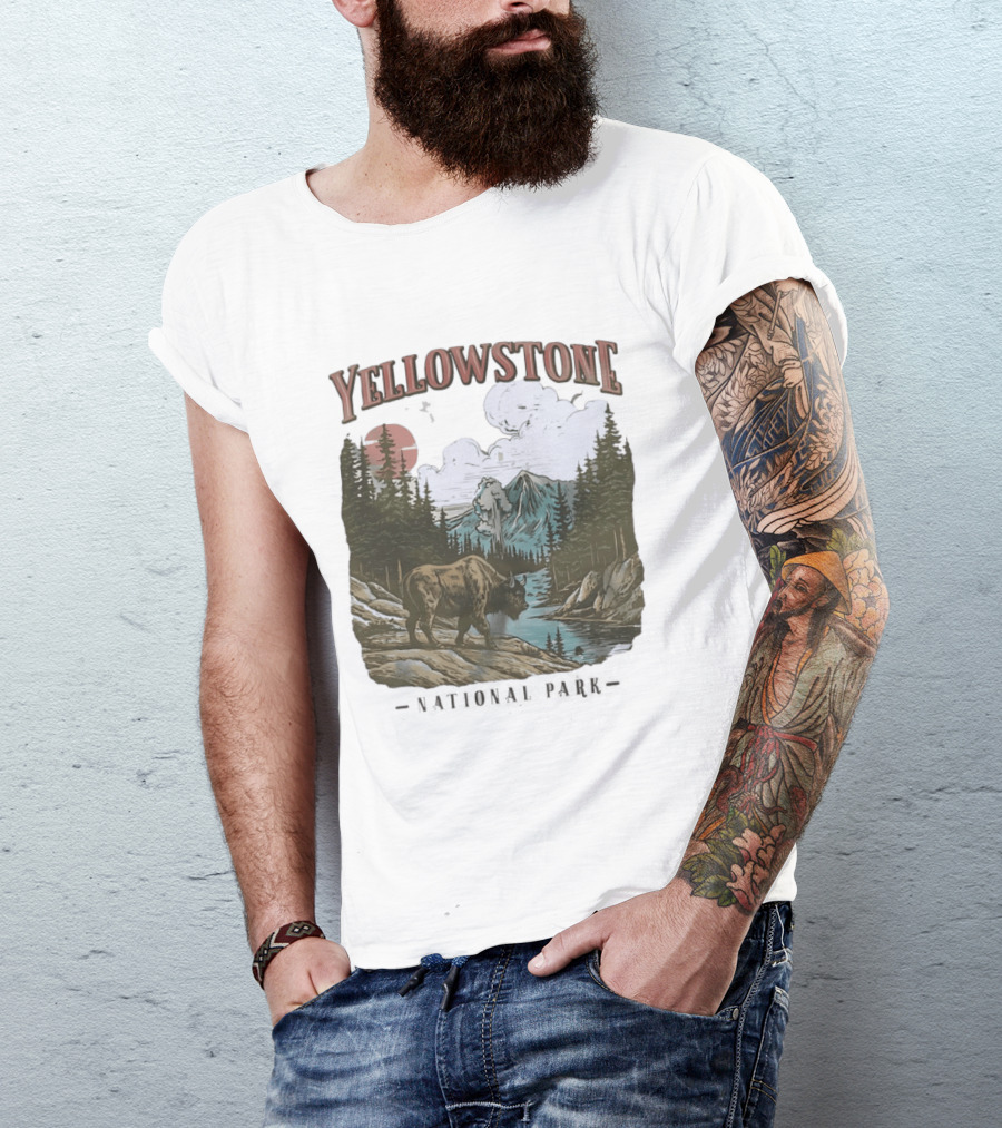 Yellowstone National Park Wild Buffalo By Stream Scenic Landscape T-Shirt