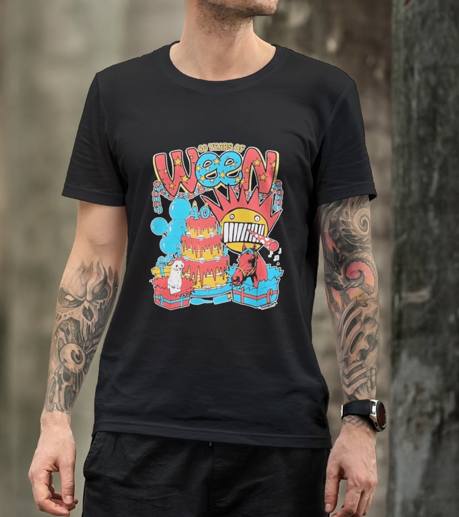 40 Years Of Ween Celebration Cake Balloons Dog Horse Black Sun Mask T-Shirt