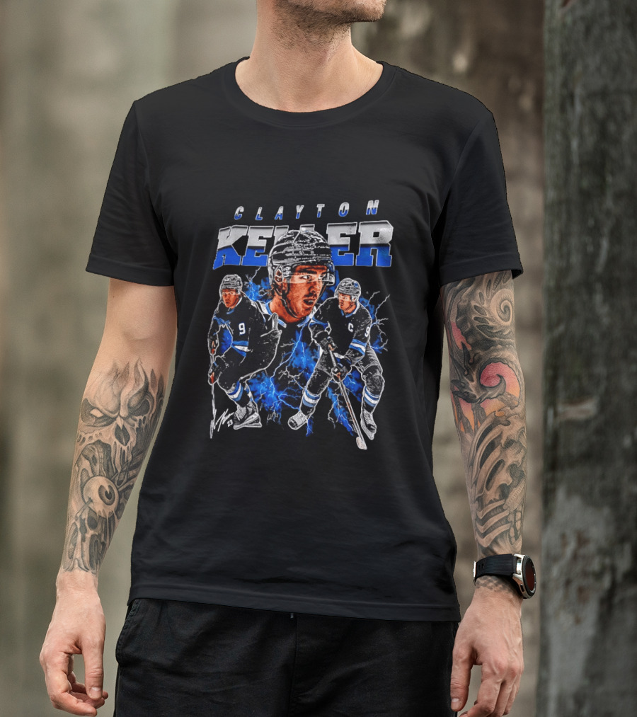 Clayton Keller 9 Utah Mammoth Ice Hockey Player Blue Lightning T-Shirt