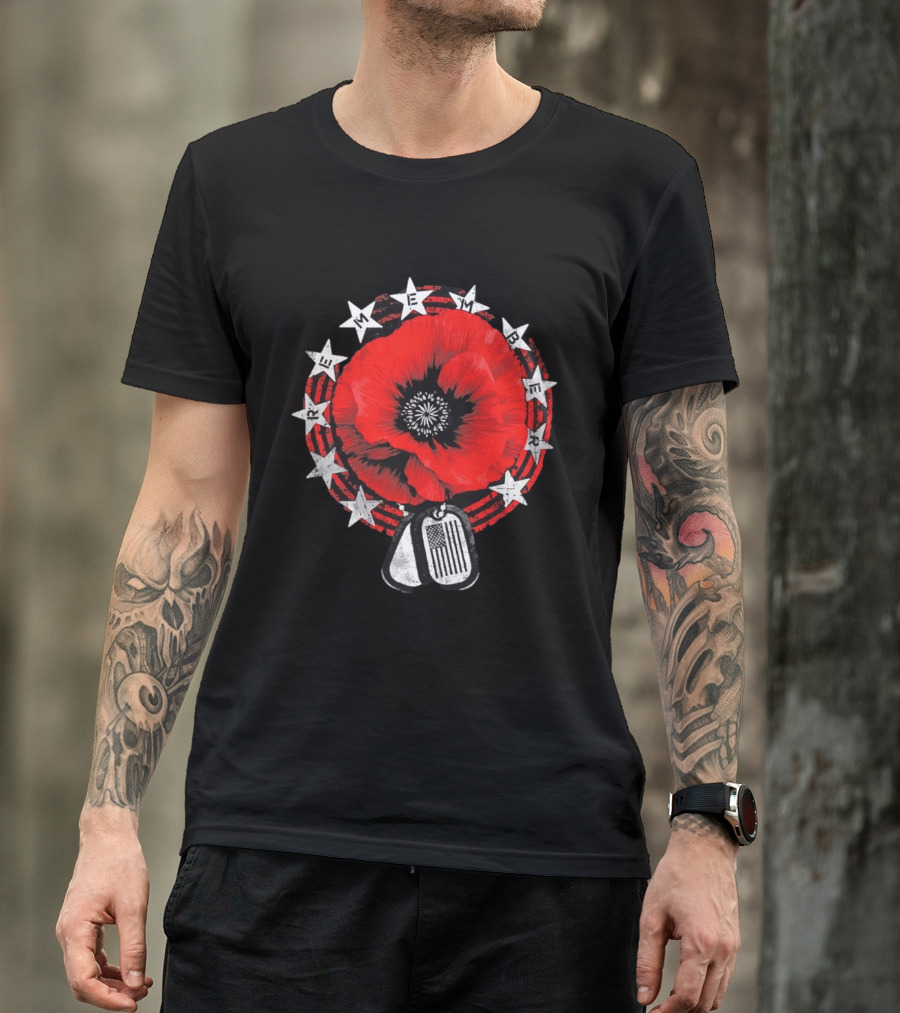 Remember Poppy 2026 American Flag Dog Tags Stars T-Shirt