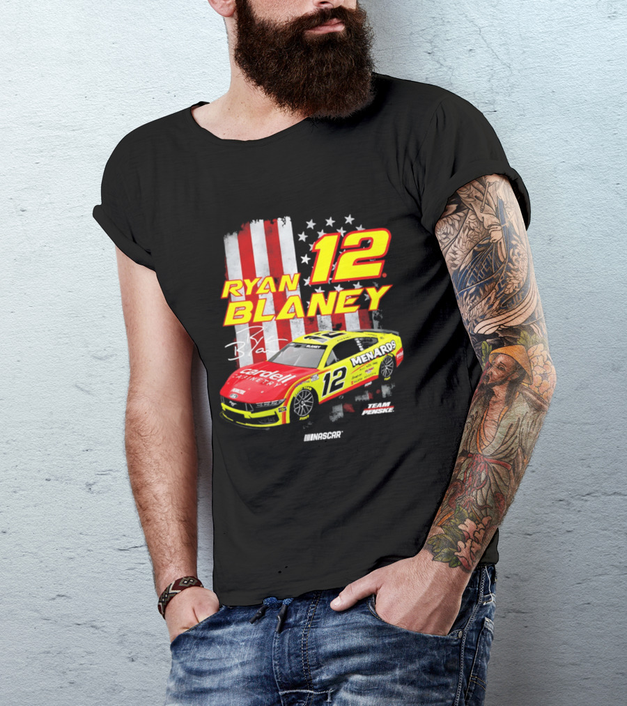 Ryan Blaney 12 Team Penske NASCAR American Flag Racing Car T-Shirt