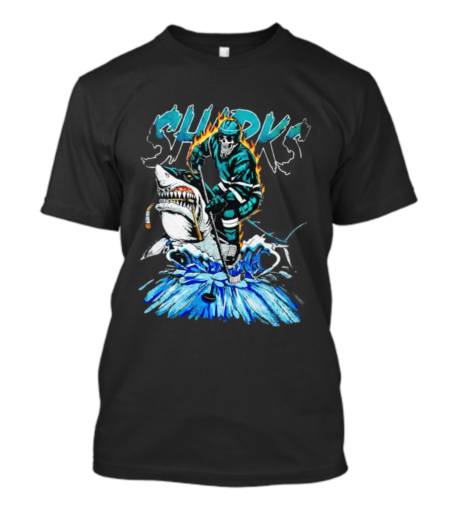 San Jose Sharks 90s Hockey Skull Flames Ice Shark Rider T-Shirt