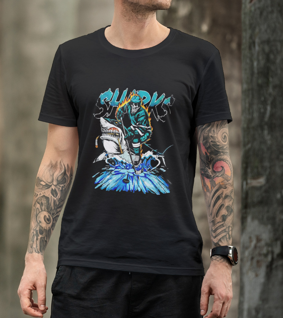 San Jose Sharks 90s Hockey Skull Flames Ice Shark Rider T-Shirt