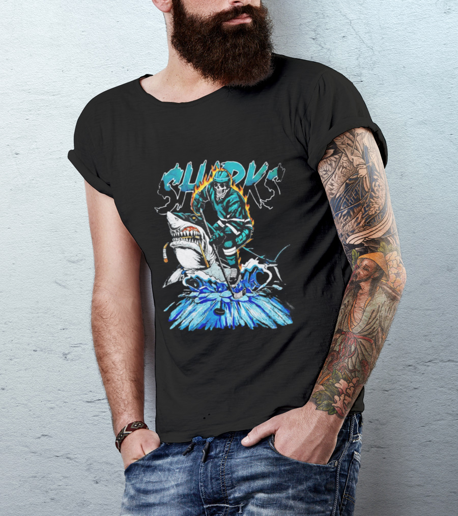San Jose Sharks 90s Hockey Skull Flames Ice Shark Rider T-Shirt