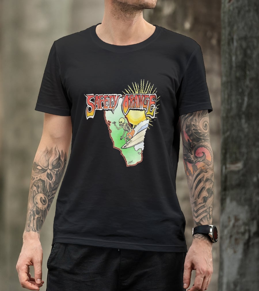 Safety Orange Skeleton Surfing Explosion Scene T-Shirt