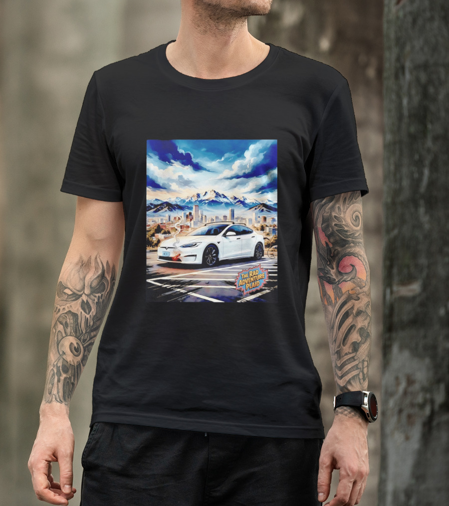 The Rad Adventure Plaid Electric Car Scenic Mountain Cityscape T-Shirt