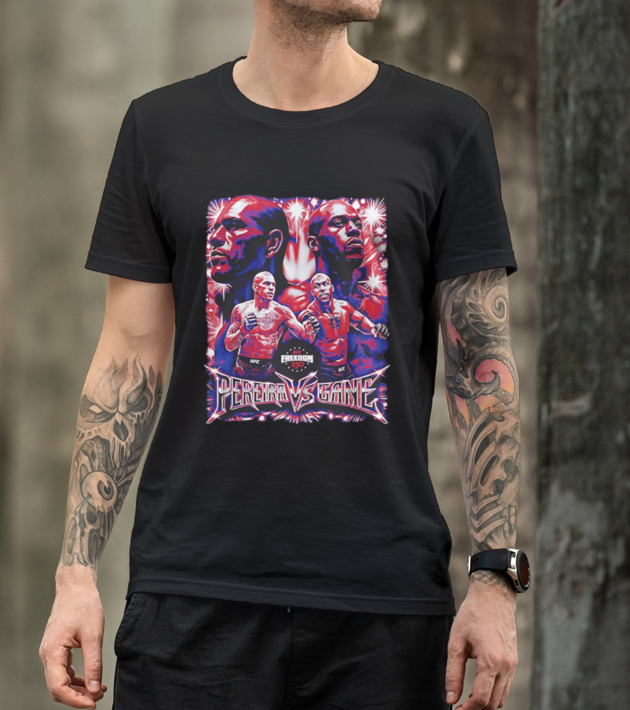 UFC Freedom 250 Pereira Vs Gane Event With Dramatic Fighter Portraits T-Shirt