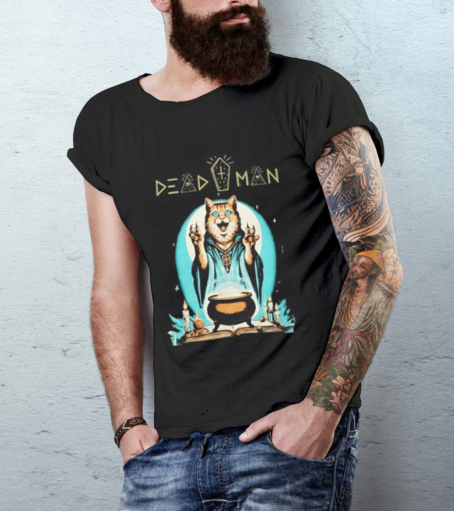 Wizard Cat Casting Spell With Cauldron And Candles Dead Man T-Shirt