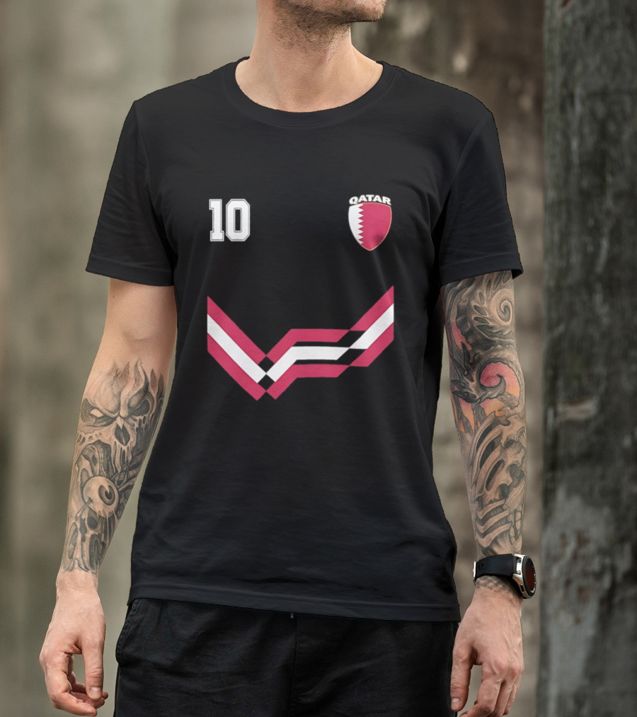 Akram Afif Qatar 10 Soccer Badge Red Chevron T-Shirt