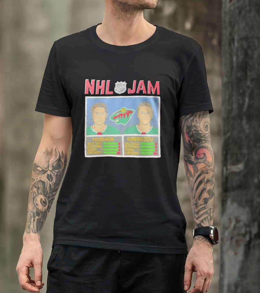 NHL Jam Hughes Kaprizov Minnesota Wild Skating Shooting Deke Checking T-Shirt
