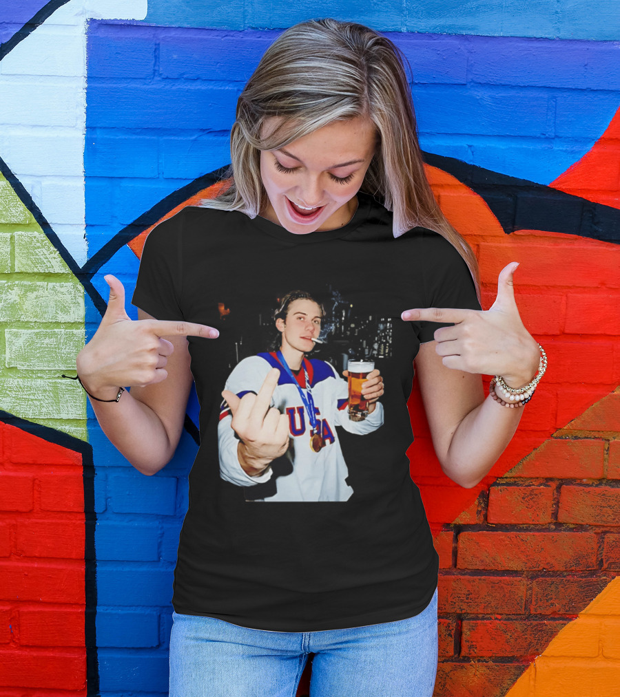 USA Hockey Player Victory Celebration Smoking Beer Middle Finger T-Shirt