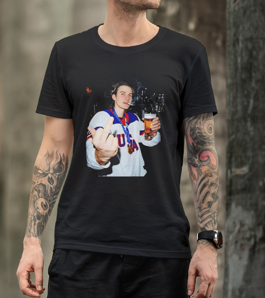 USA Hockey Player Victory Celebration Smoking Beer Middle Finger T-Shirt