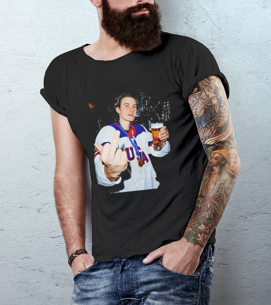 USA Hockey Player Victory Celebration Smoking Beer Middle Finger T-Shirt