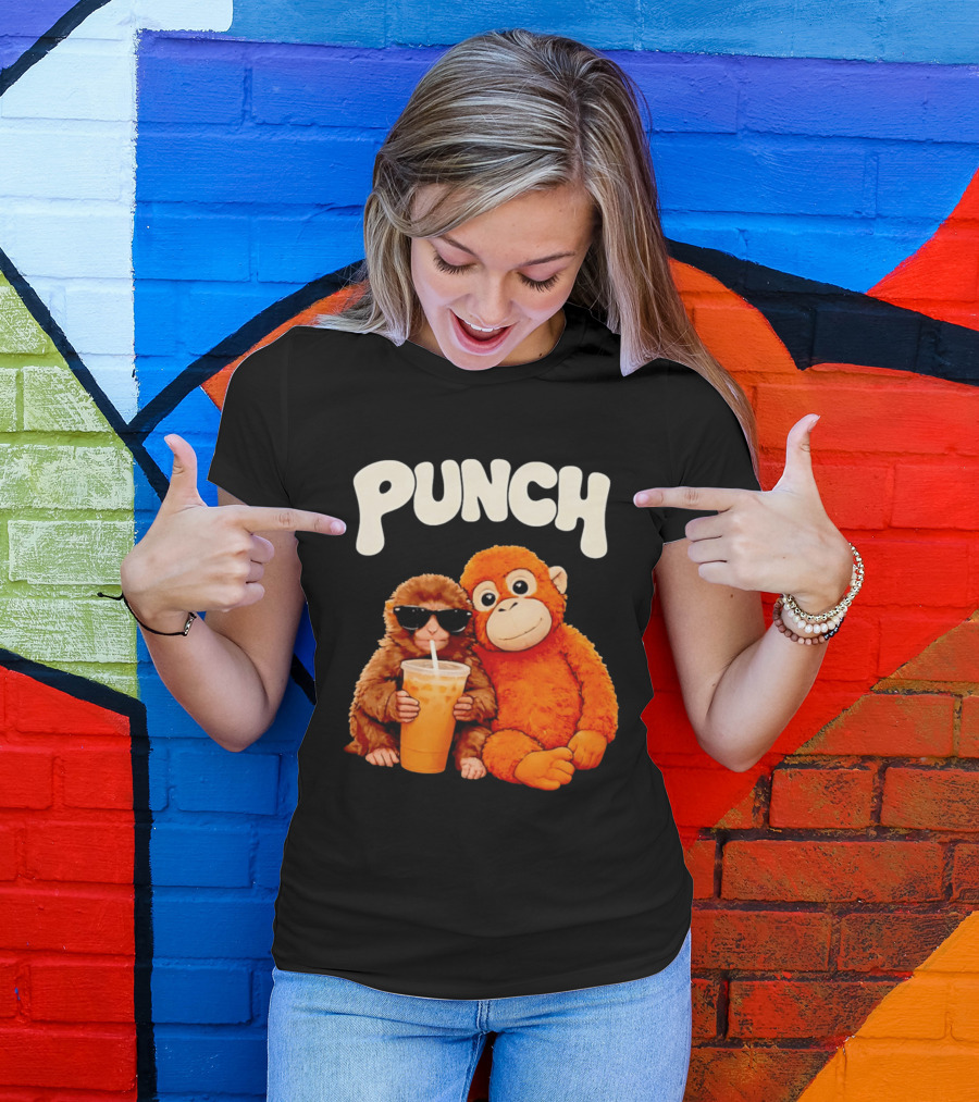 PUNCH Brown Monkey With Orange Plush And Iced Drink T-Shirt