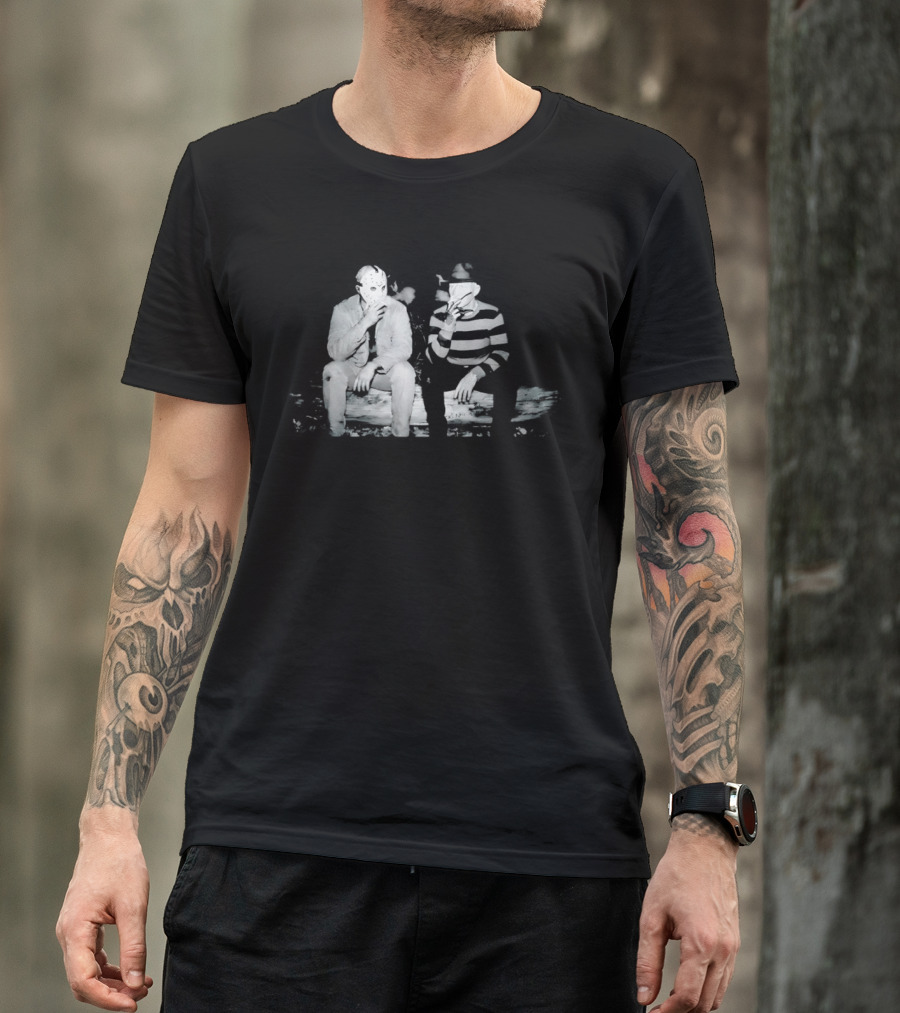Jason Voorhees Freddy Krueger Smoking On Log Retro Horror Movie T-Shirt