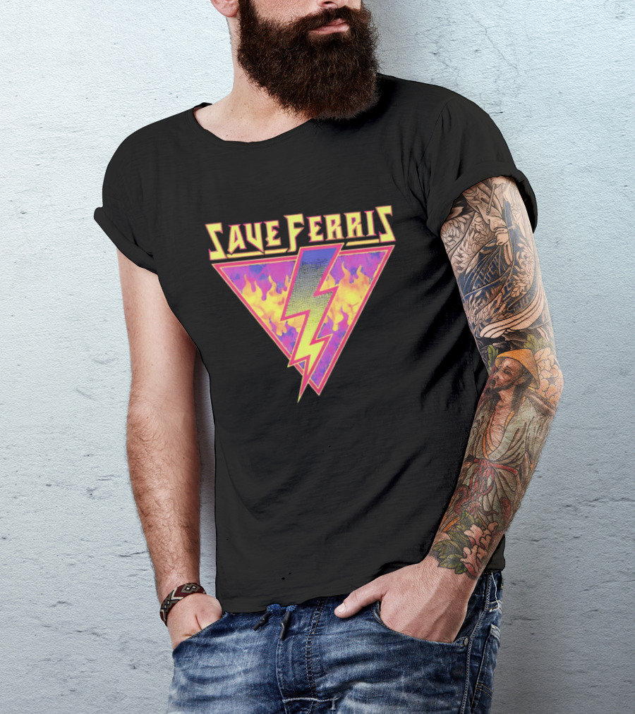Save Ferris Lightning Bolt Retro 80s Flames T-Shirt
