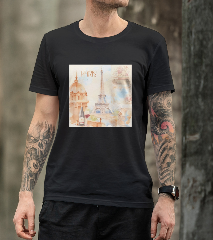 Paris Printemps Eiffel Tower Wine Flowers Books T-Shirt