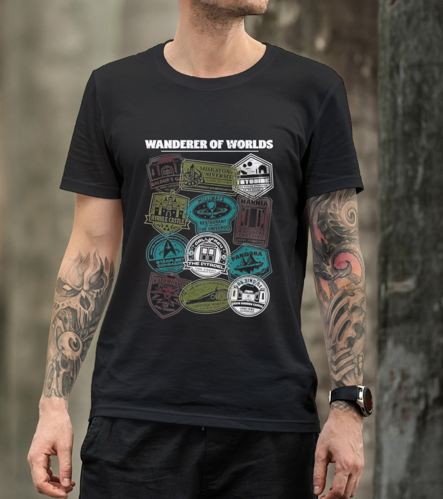 Wanderer Of Worlds Travelers Interdimensional Passport Stamps Portal Adventures T-Shirt