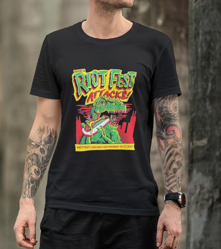 When Riot Fest Attacks Chicago September 15-17 2023 Dinosaur Hot Dog Skyline T-Shirt