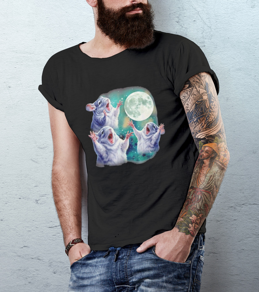 Three Chinchillas Howling At The Moon Cute Animal Meme Funny Rodent Lunar Scene T-Shirt