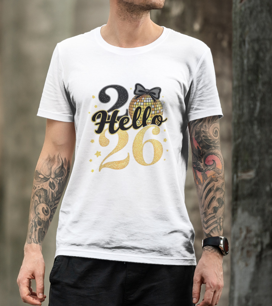 Hello 2026 Gold Glitter Bow Disco Ball Celebration T-Shirt