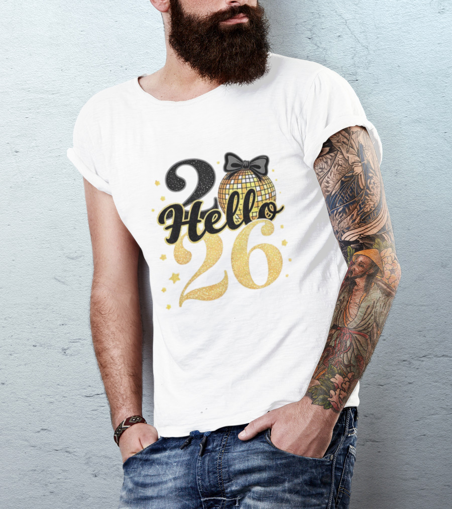 Hello 2026 Gold Glitter Bow Disco Ball Celebration T-Shirt