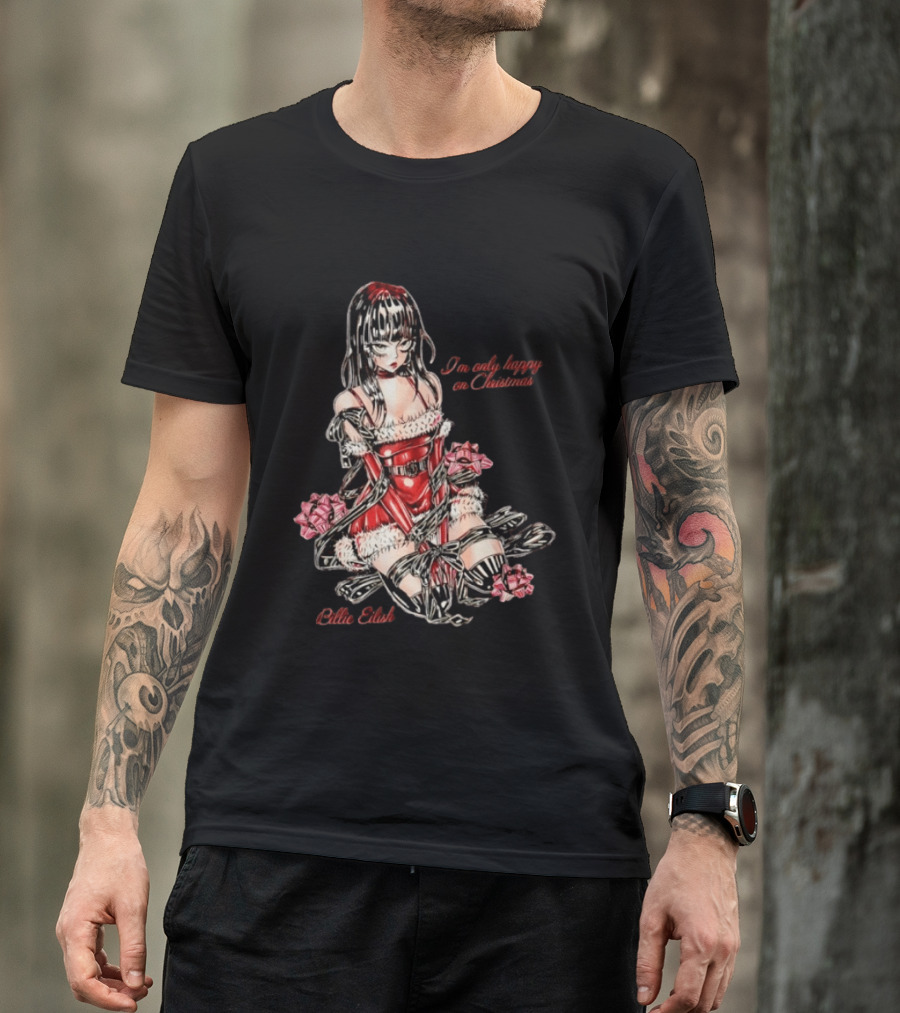 Billie Eilish I'm Only Happy On Christmas Red Outfit Wrapping Ribbon T-Shirt