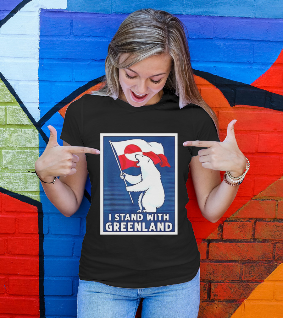 I Stand With Greenland Polar Bear Holding Flag Solidarity Banner T-Shirt