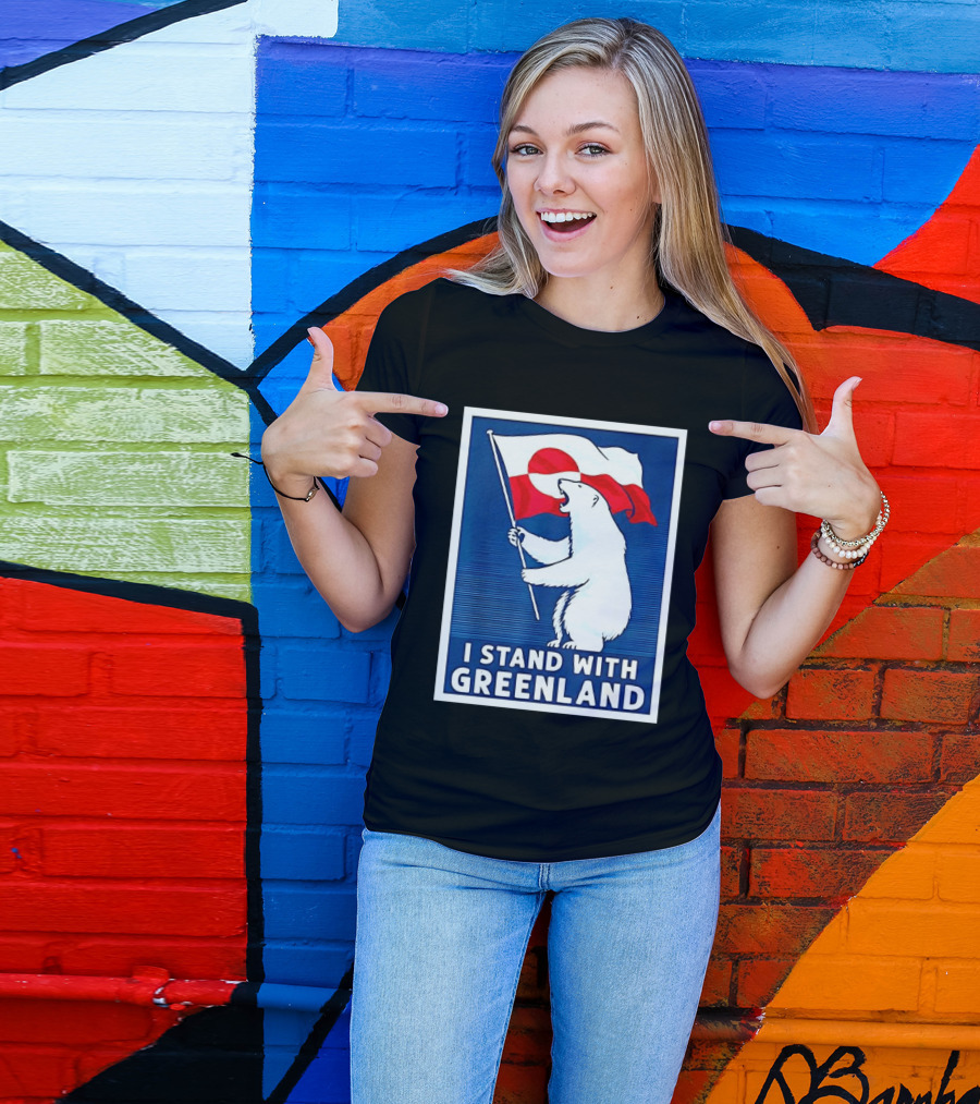 I Stand With Greenland Polar Bear Holding Flag Solidarity Banner T-Shirt