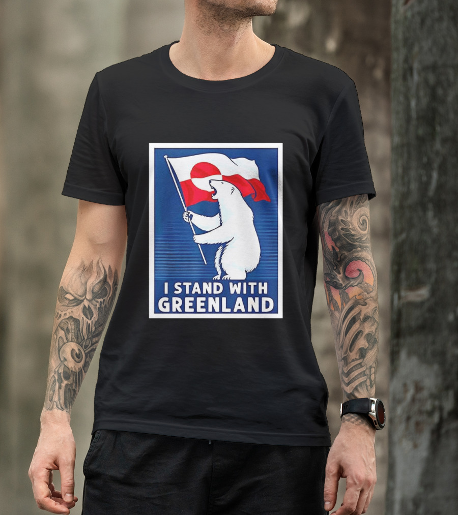 I Stand With Greenland Polar Bear Holding Flag Solidarity Banner T-Shirt