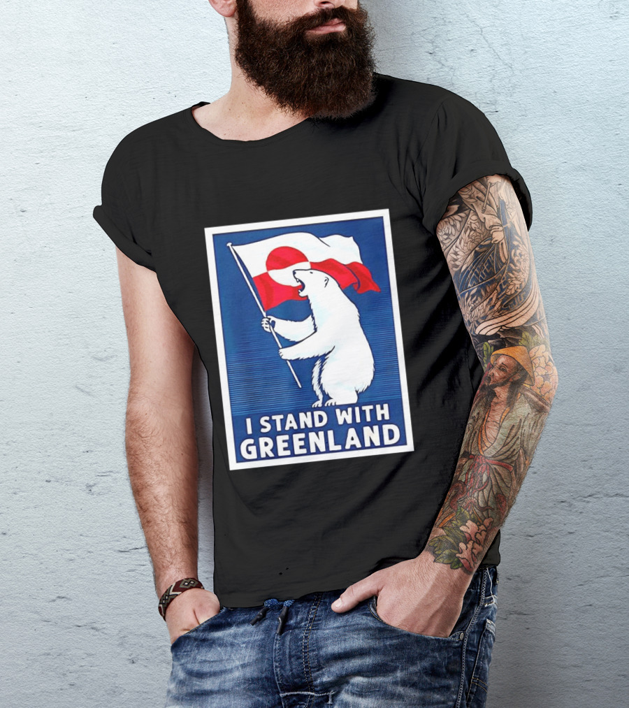 I Stand With Greenland Polar Bear Holding Flag Solidarity Banner T-Shirt