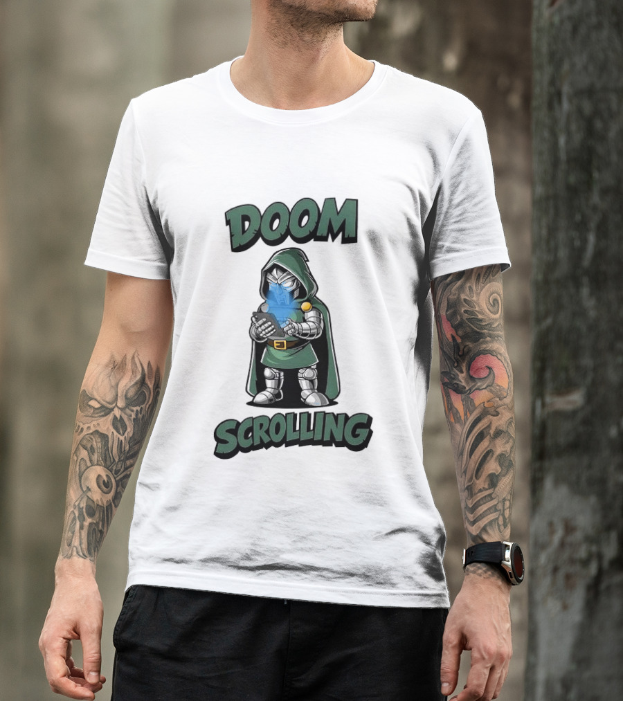 Doom Scrolling Dr Doom Comic Character With Phone T-Shirt