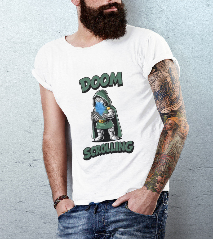 Doom Scrolling Dr Doom Comic Character With Phone T-Shirt