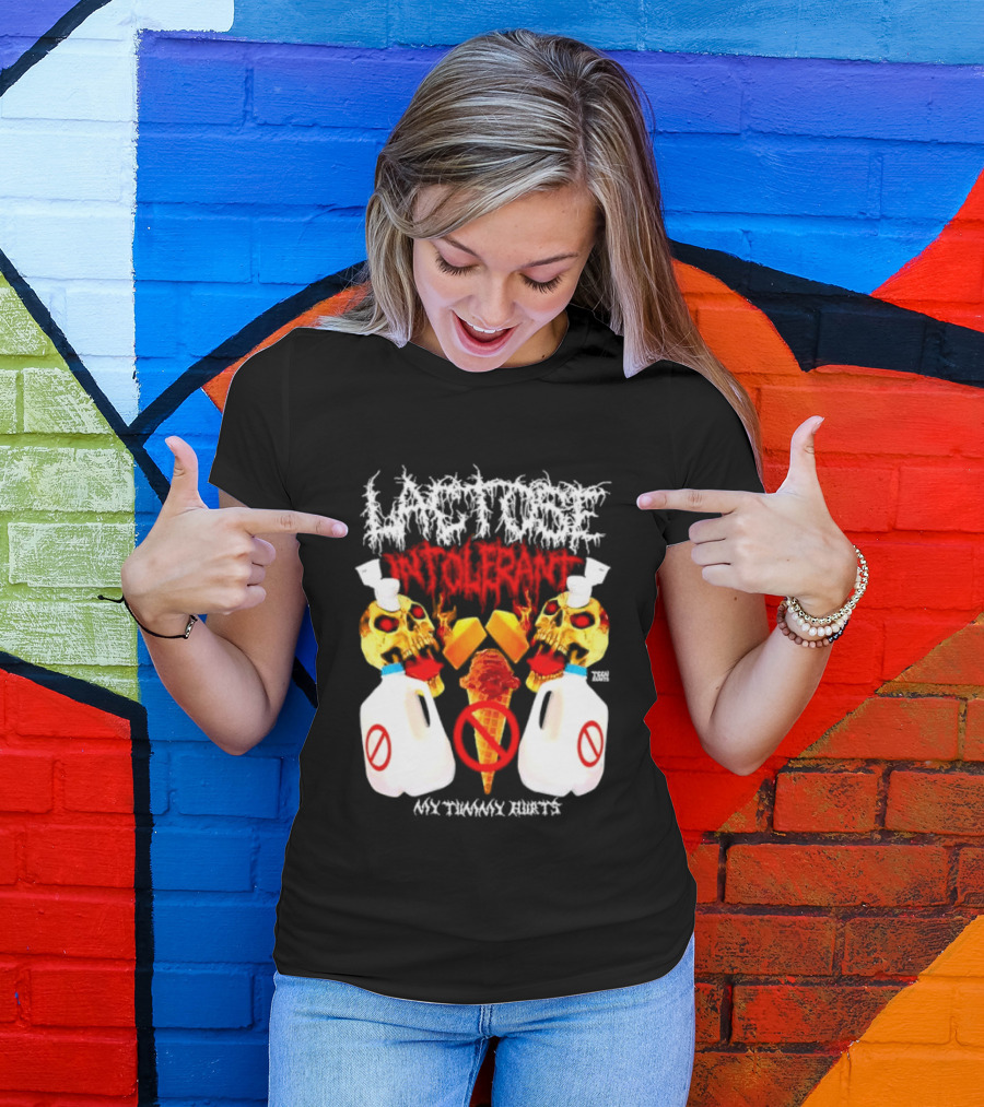 Lactose Intolerant Skulls Milk Jugs No Ice Cream My Tummy Hurts T-Shirt