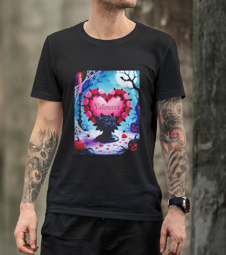 Valloween Romance And Menace Heart Rose Candle Moonlit Halloween T-Shirt